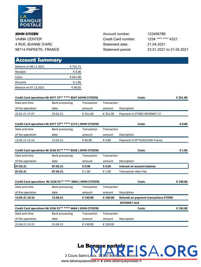 Realistic France La Banque Postale bank statement excel example